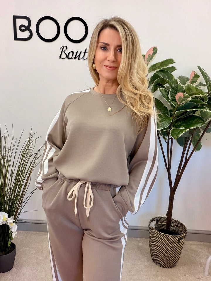 Ladies Fashion Wide Leg Tracksuit co ord set taupe beige