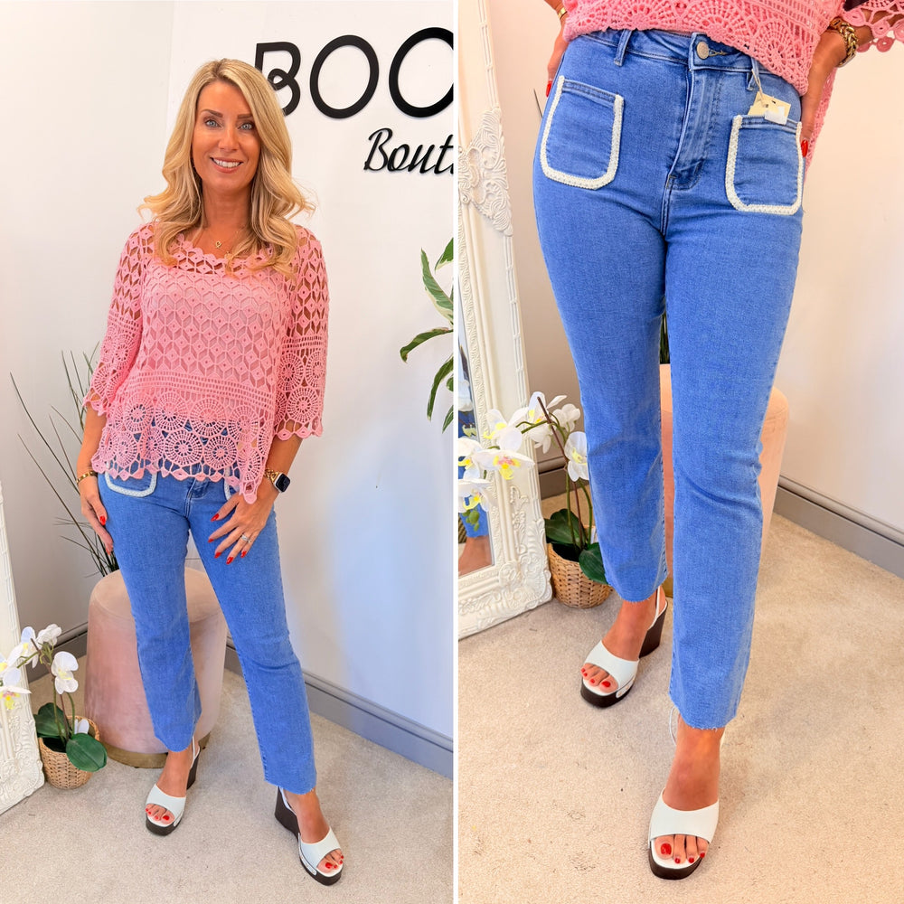 Ladies Fashion Front Pocket Blue Denim Ankle Grazer Jeans