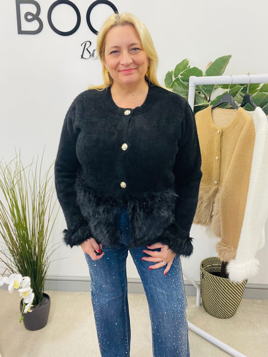 LADIES KNITTED FLUFFY FAUX FUR CARDIGAN - CAMEL, CREAM & BLACK