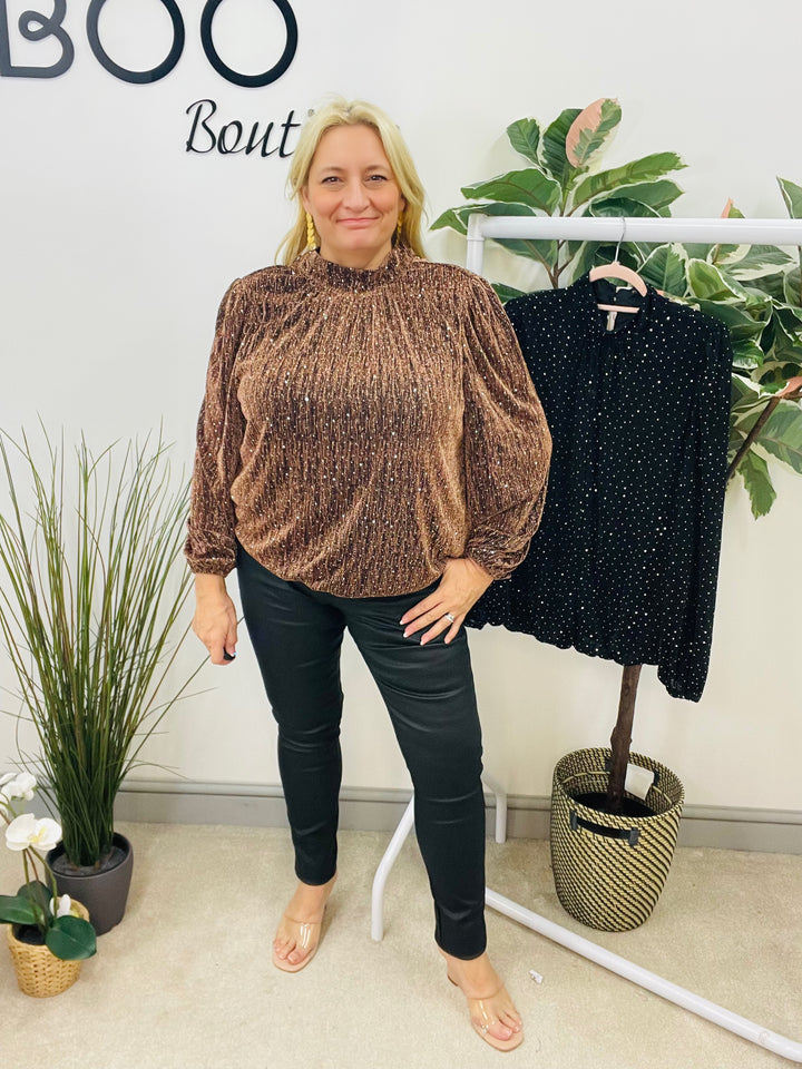 LADIES LUREX BLOUSON HIGH NECK TOP - BLACK & BRONZE