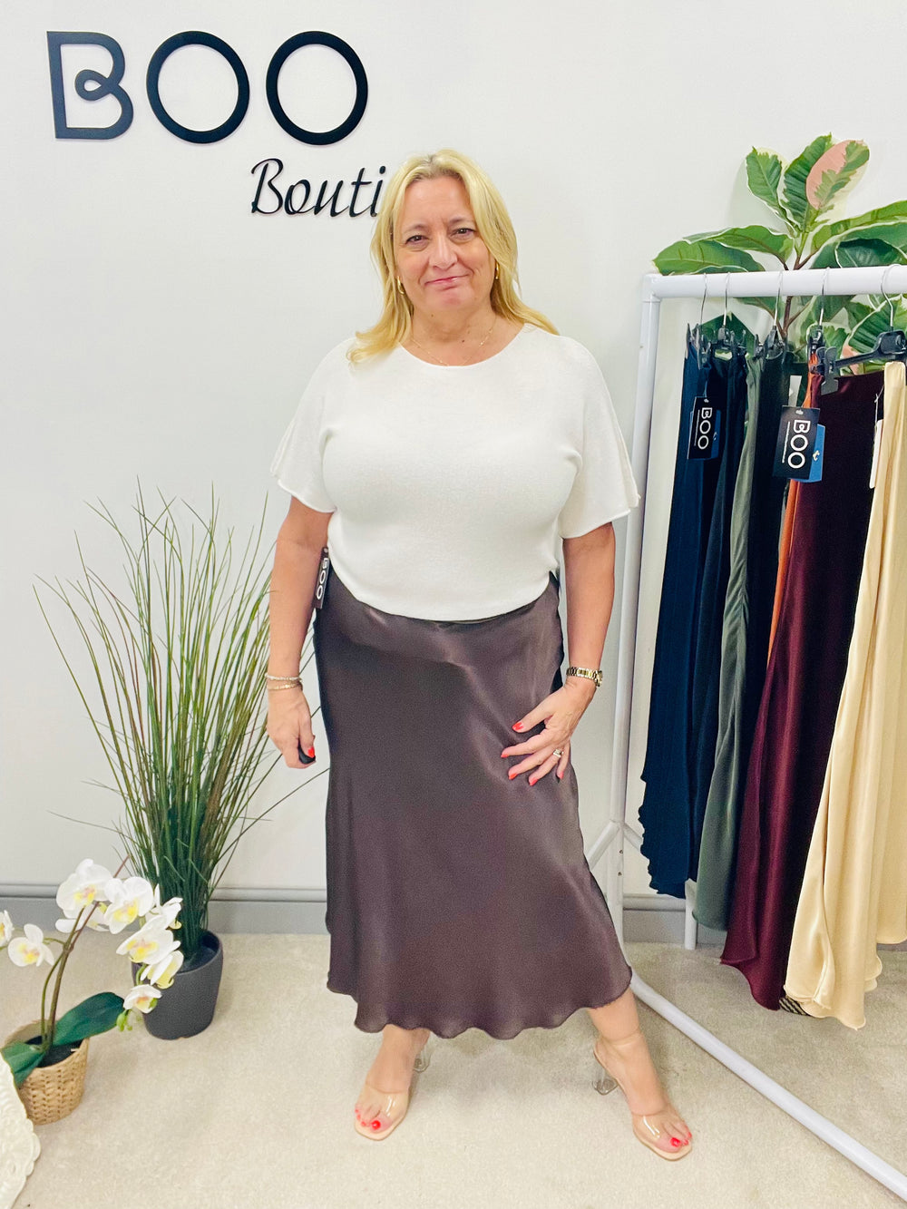 LADIES SATIN MAXI SKIRT - WINE, BLACK, BROWN, RUST, KHAKI, GOLD, NAVY