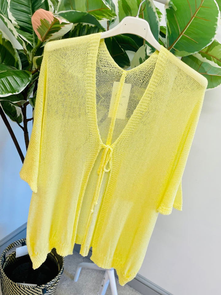 LADIES WOMENS FINE KNIT SUMMER HOLIDAY CARDIGAN - YELLOW, WHITE, CORAL & BLUE