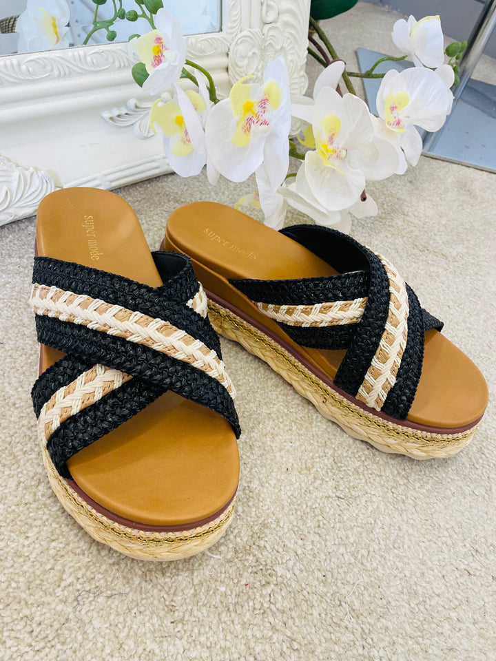 LADIES BLACK WOVEN SUMMER HOLIDAY FLATFORM SLIDER SANDALS 