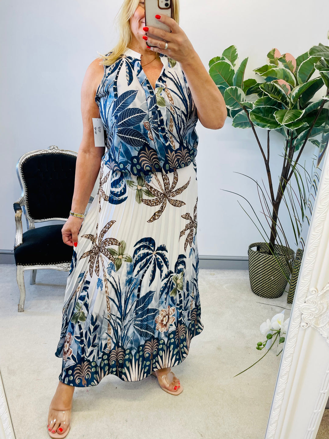 LADIES BLUE SATIN PLEATED SKIRT CO ORD SET