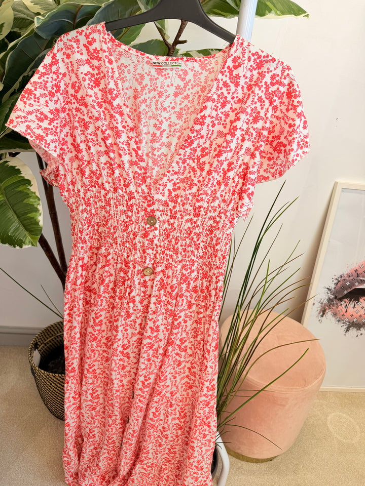 Ladies Fashion Daisy Print Midi Day Dress - Blue, Navy, Pink, Red
