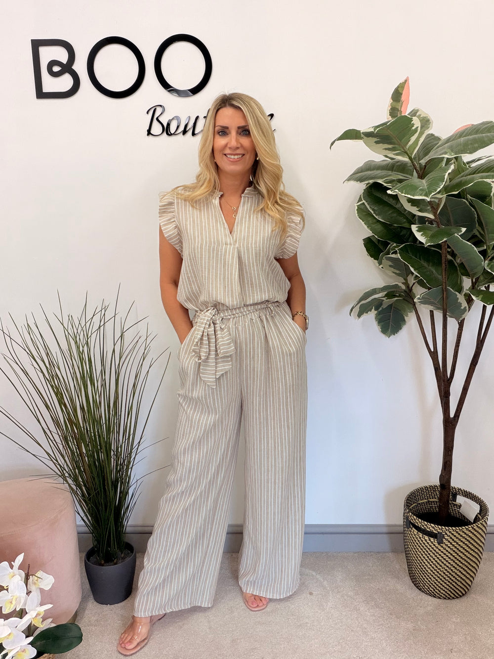Ladies Fashion Stripe Wide Leg Trouser Co Ord Set - Beige, Blue & Khaki