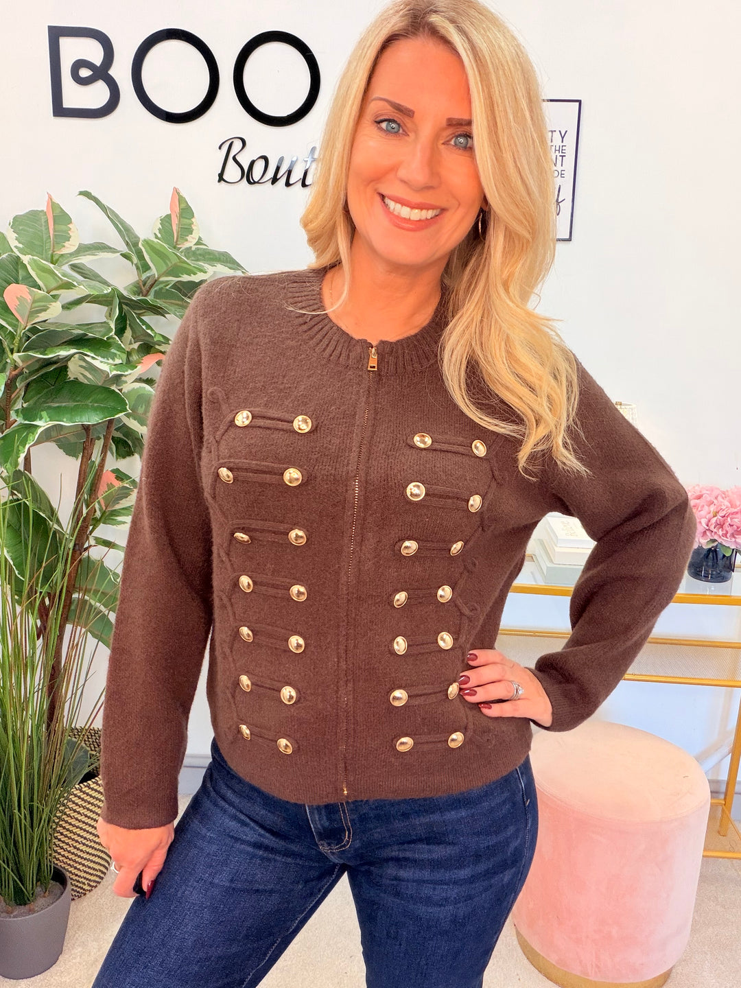 Womens military knitted zip up cardigan - black and brown 