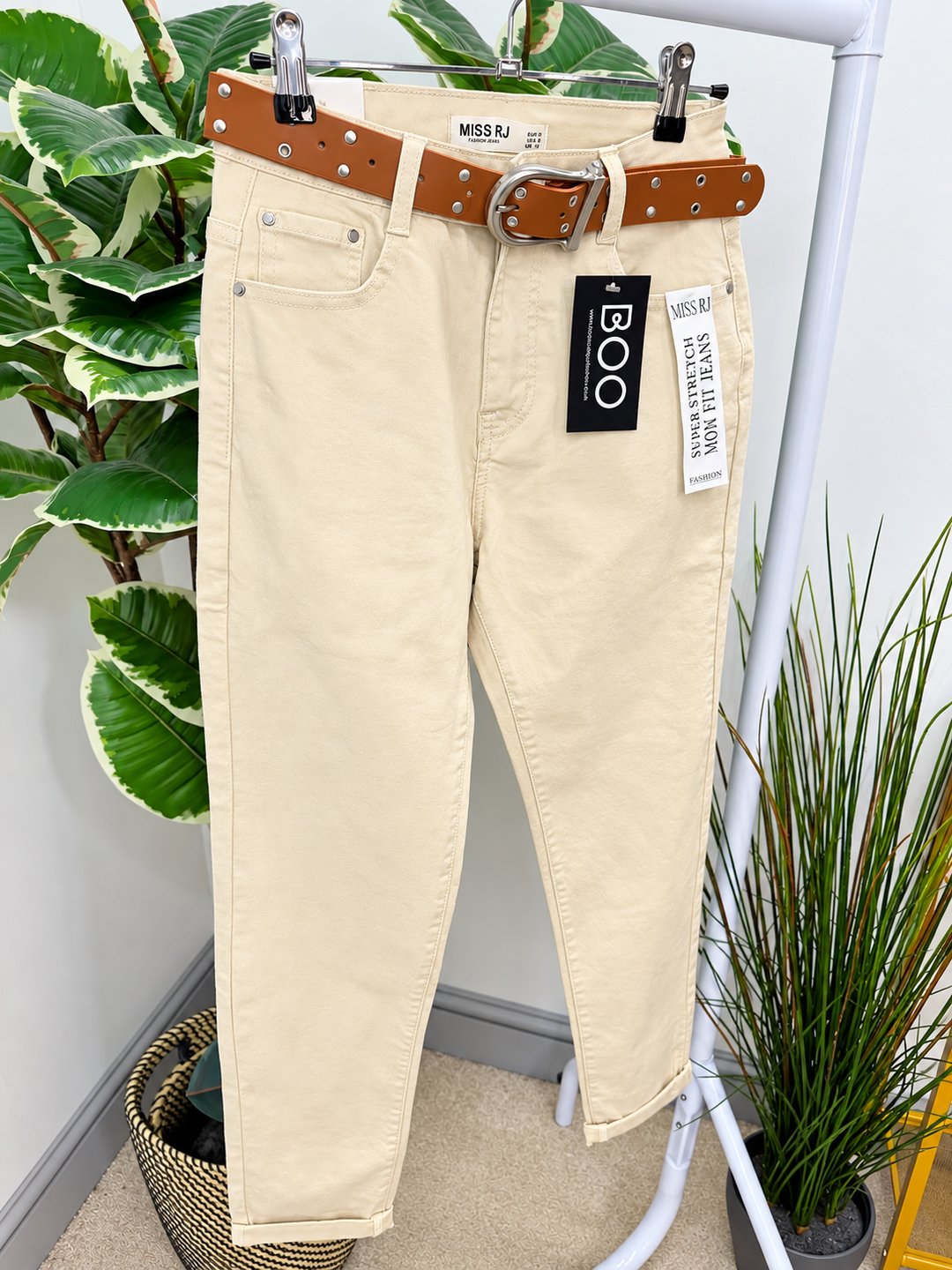 Womens fashion light beige denim mom fit jeans