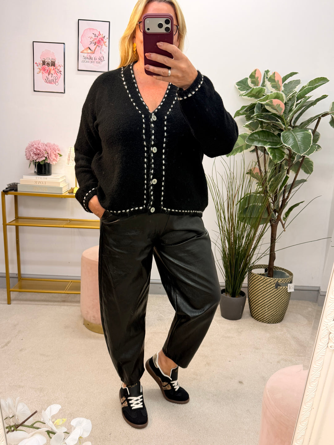 Ladies Fashion Slouch Knitted Cardigan - Black, Grey & Pink