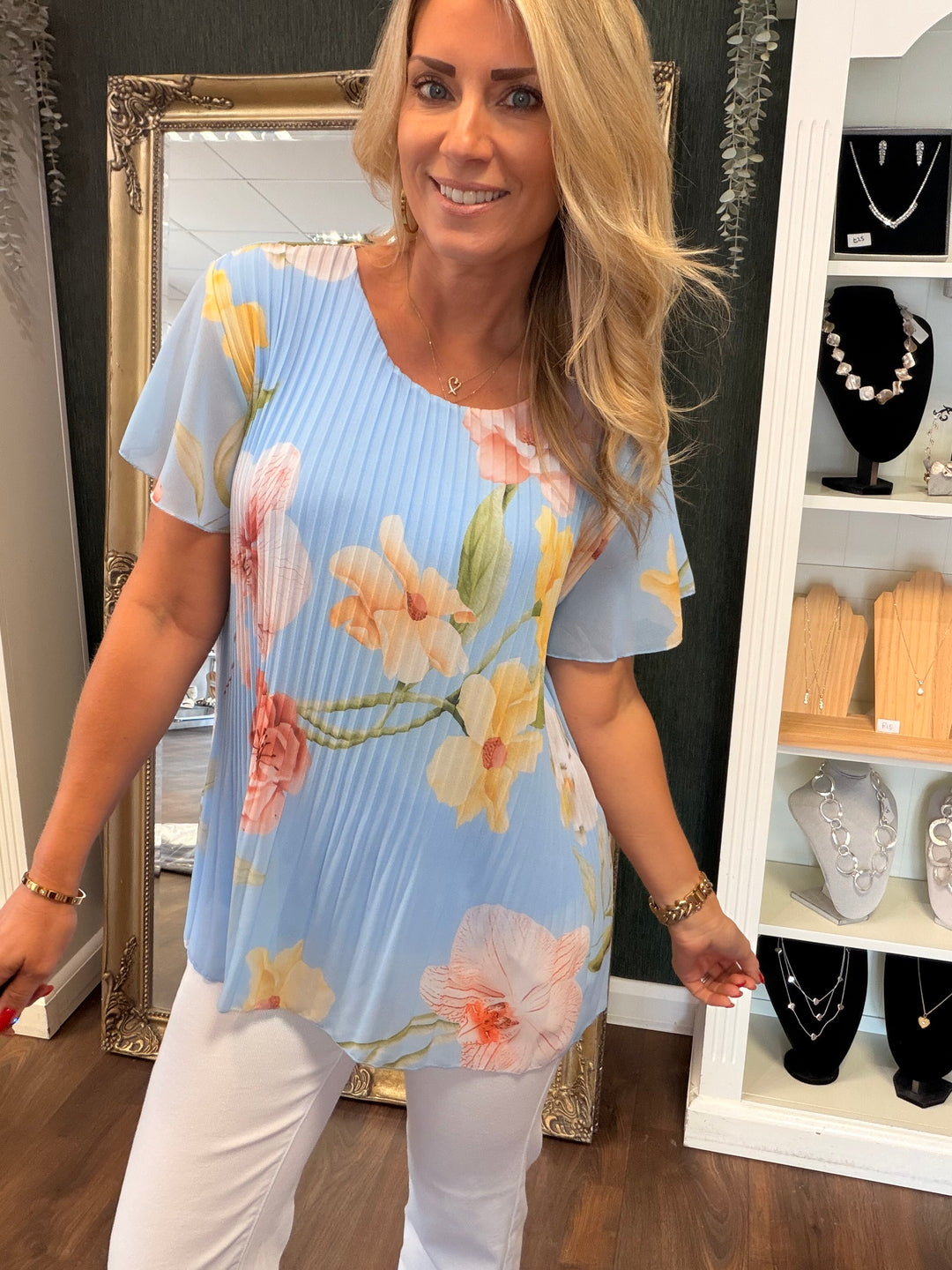 Ladies Pleated Floral Print Chiffon Top - Black, Cream, Blue, Lemon, Pink, Navy, Brown