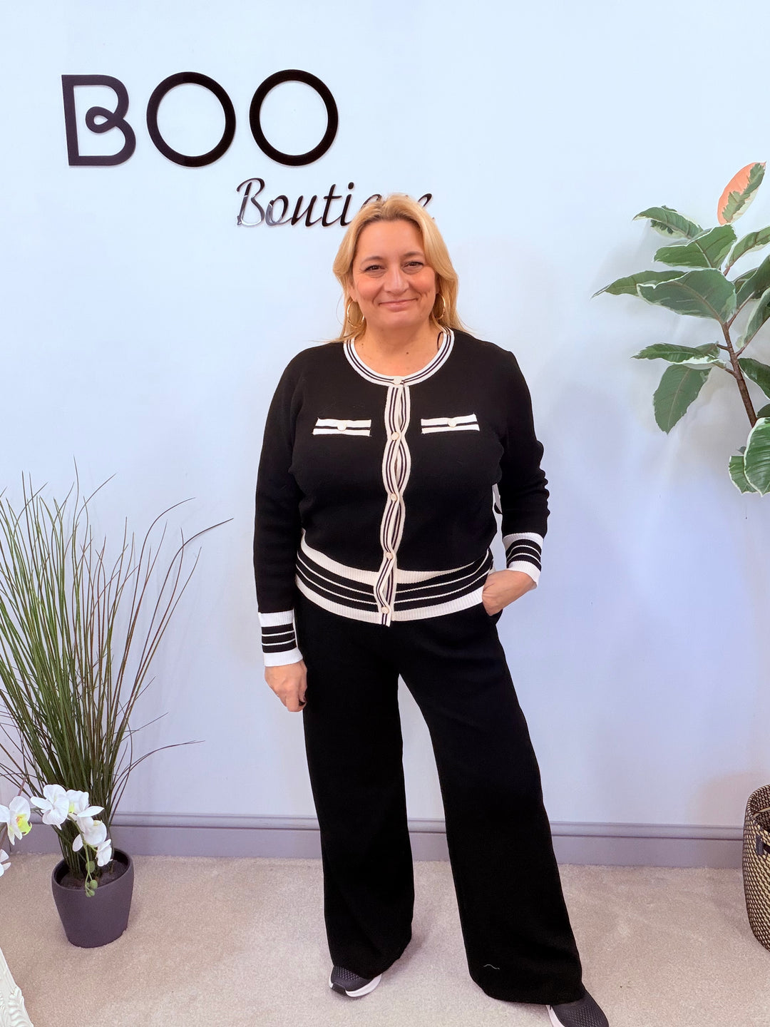 LADIES BLACK TROUSER MONOCHROME CARDIGAN CO ORD SET