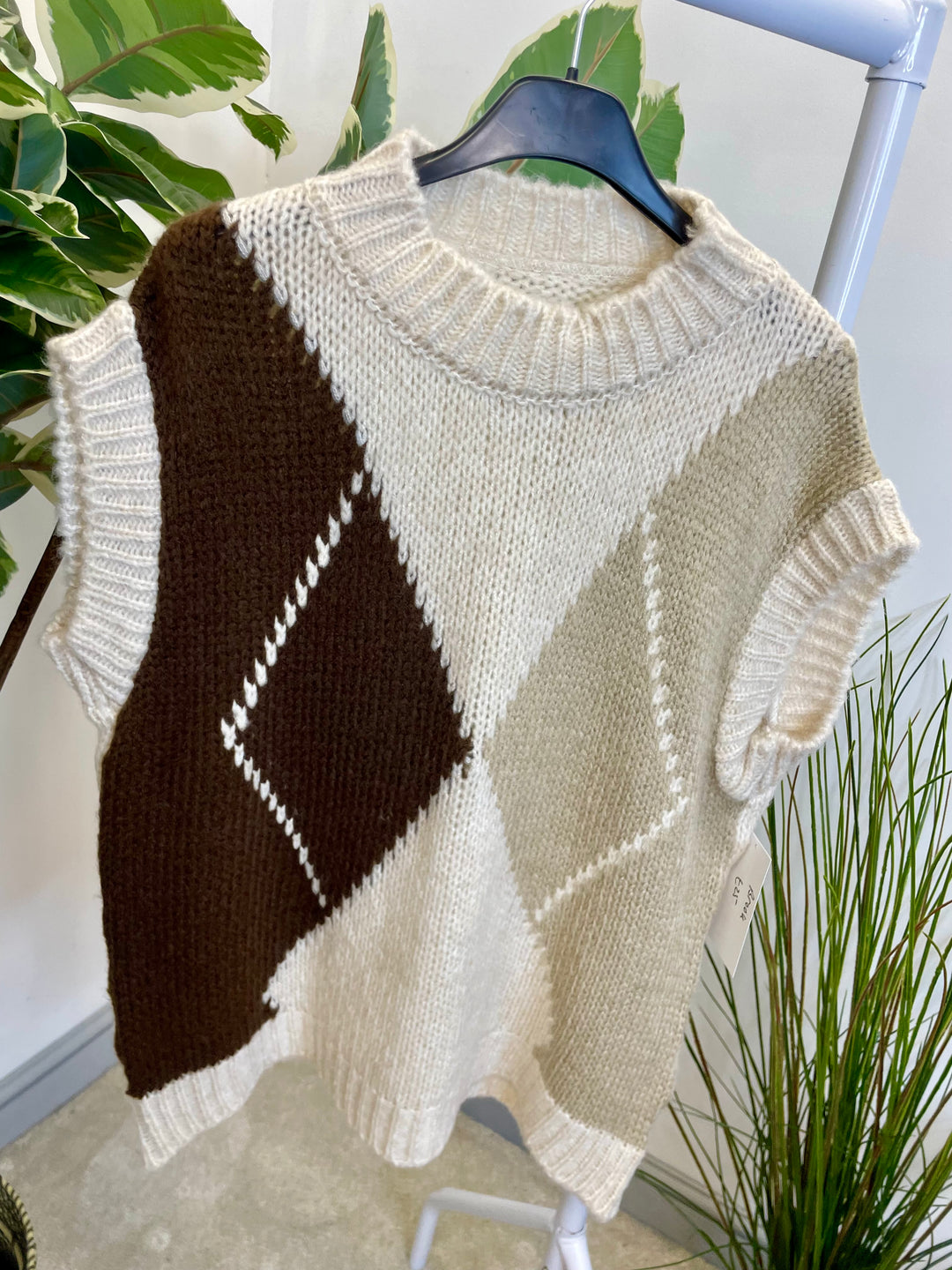 LADIES ARGYLE KNIT TANK TOP - MOCHA, BEIGE, BROWN