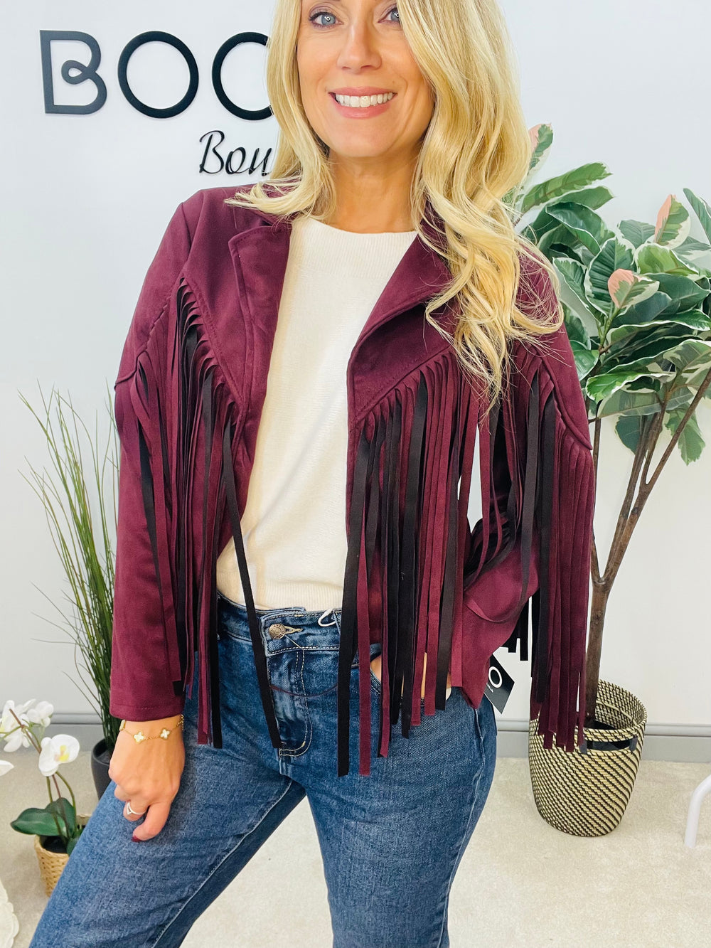 LADIES FAUX SUEDE FRINGED COWBOY BOLERO JACKET - WINE, BLACK, BEIGE & BROWN