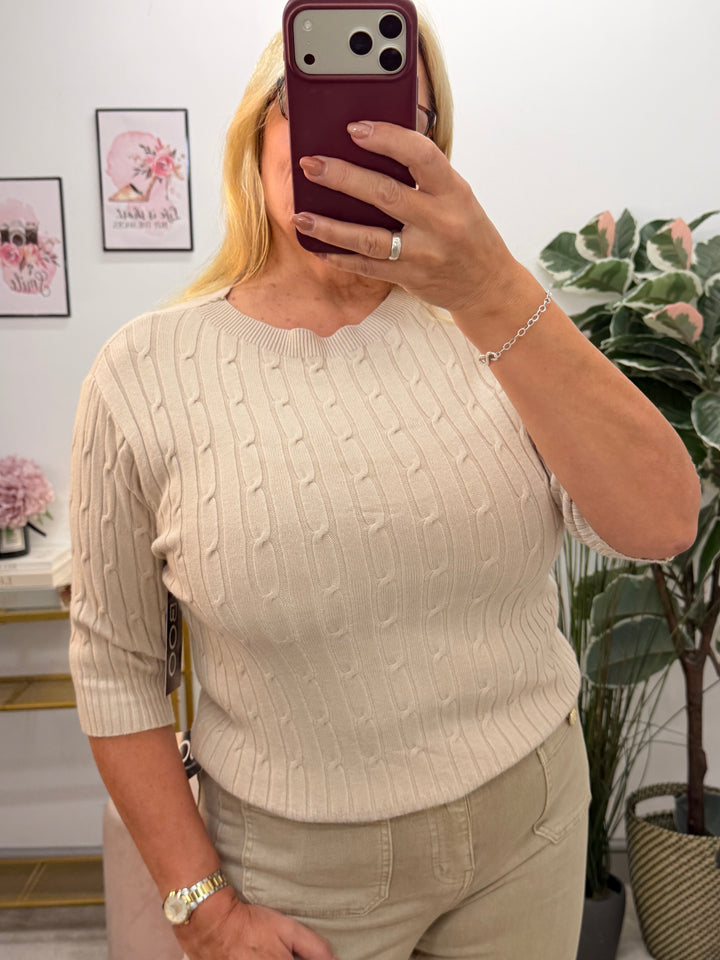 Ladies Inspired Cable Knit Short Sleeve Jumper - Blue, White, Wine, Camel, Brown
