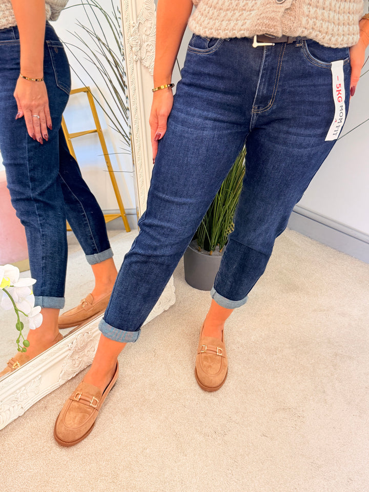 Womens dark blue denim mom fit jeans