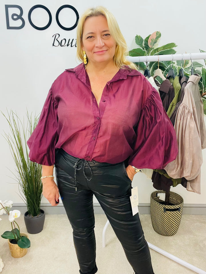 LADIES SHEER PUFF SLEEVE BLOUSE - OLIVE, BLACK, CREAM, TAUPE, WINE, BROWN