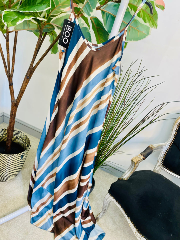 LADIES STRIPE SUMMER SATIN MAXI DRESS - BLUE, BROWN & KHAKI