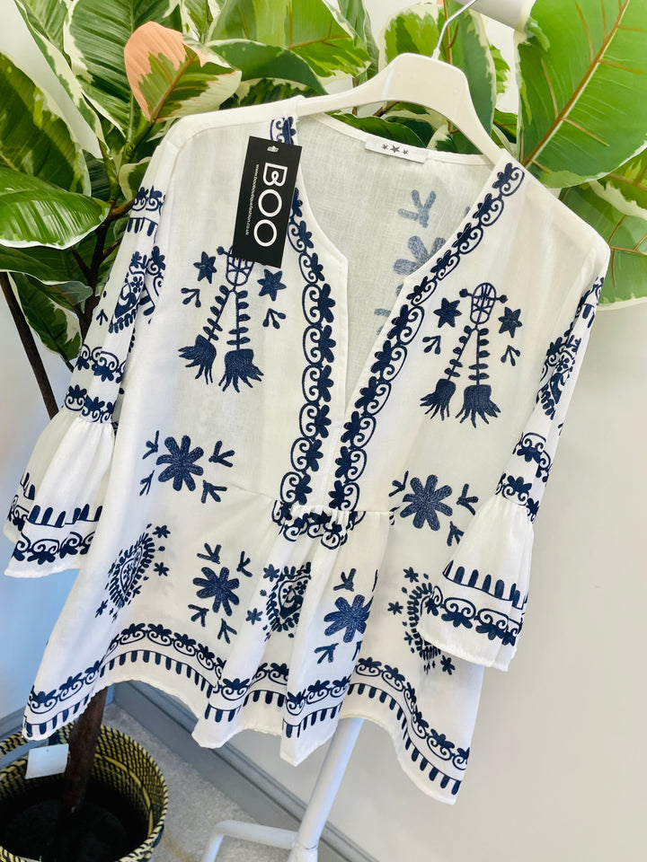 LADIES WOMENS WHITE BOHO SMOCK TOP - BLUE, NAVY & KHAKI