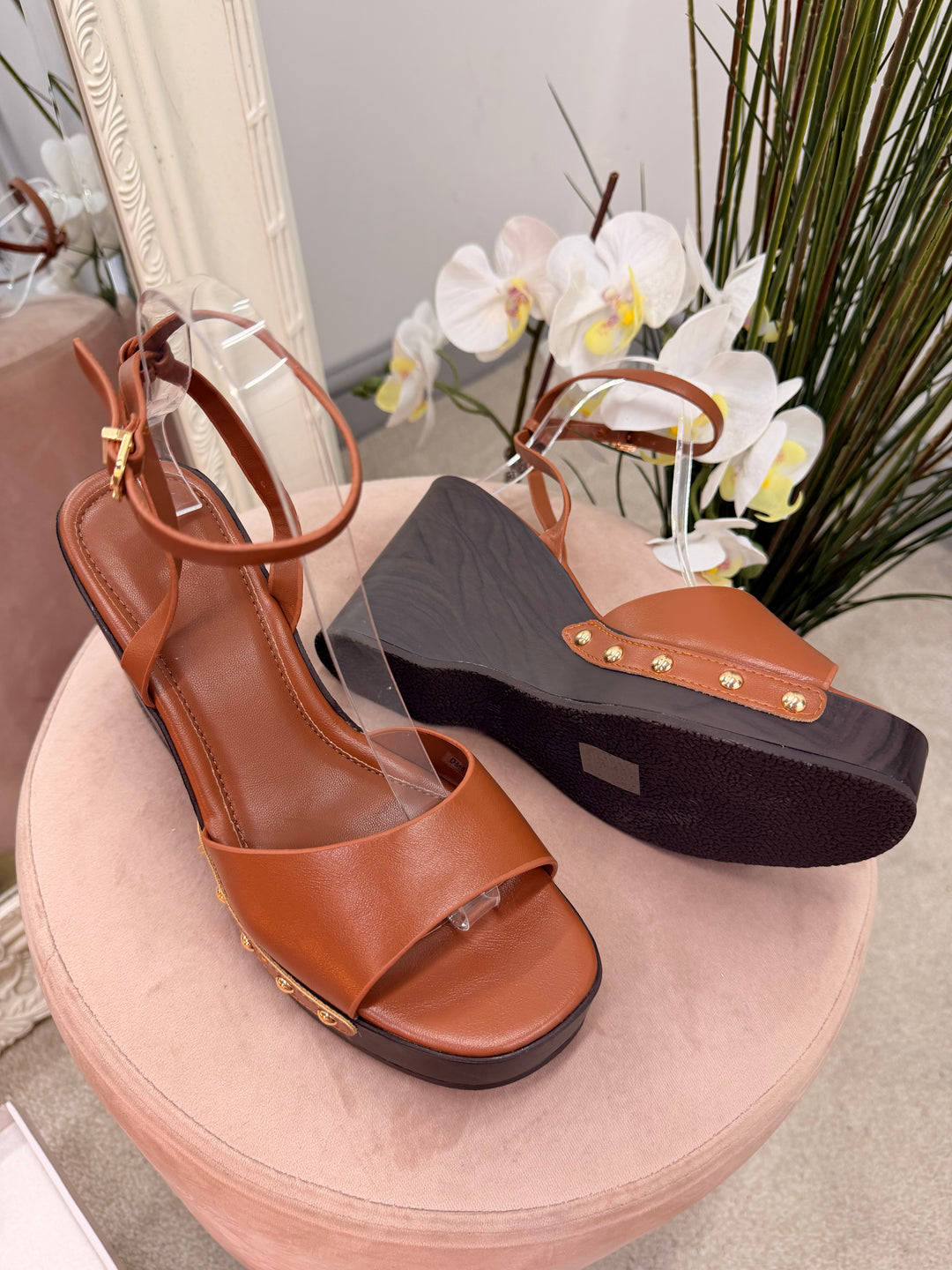 Ladies Fashion High Wedge Heel Sandals Shoes - white, burgundy & camel