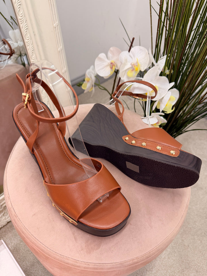 Ladies Fashion High Wedge Heel Sandals Shoes - white, burgundy & camel
