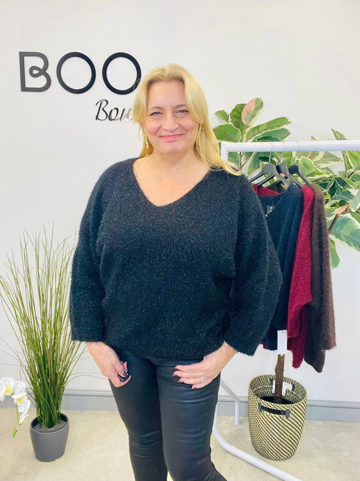 LADIES FLUFFY KNIT V NECK JUMPER - BROWN, BERRY, BLACK & NAVY