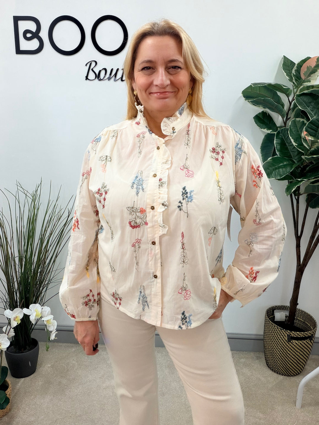 LADIES CREAM EMBROIDERED BLOUSE SHIRT