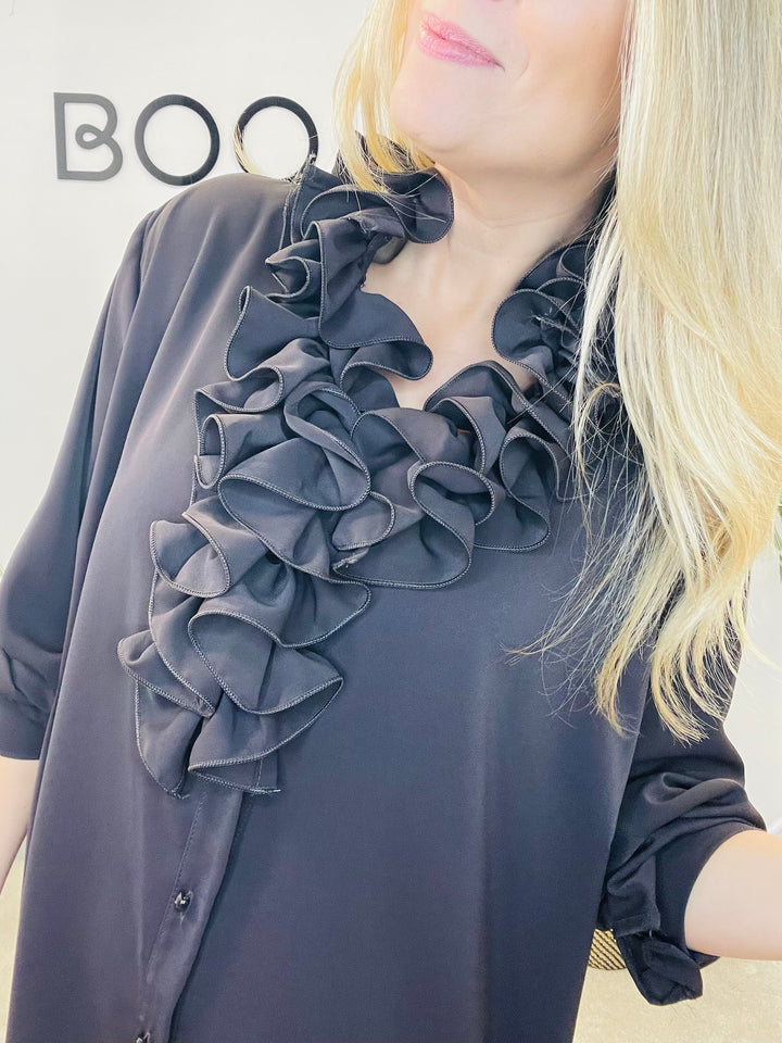 LADIES RUFFLE FRILL BLOUSE SHIRT - WHITE, BLACK, BROWN & BERRY
