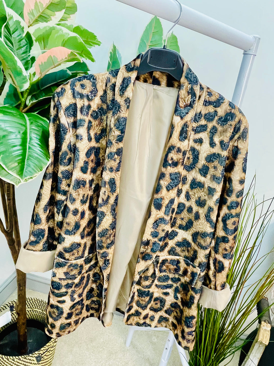 LADIES ANIMAL LEOPARD PRINT SEQUIN JACKET BLAZER