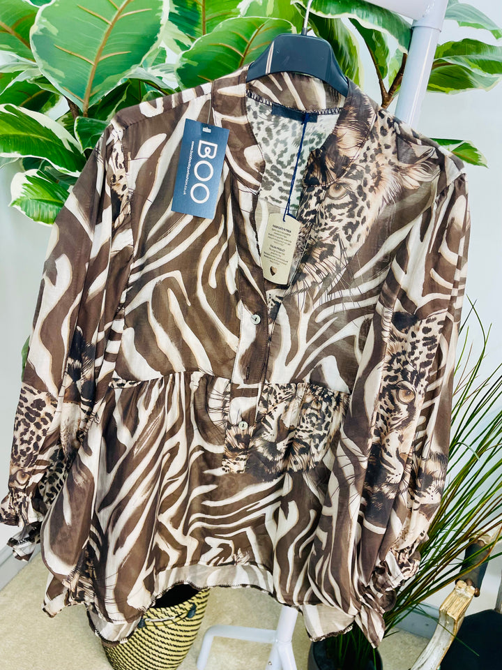 LADIES ZEBRA & LEOPARD PRINT LOOSE FIT BLOUSE TOP - BURGUNDY, BLACK & BEIGE