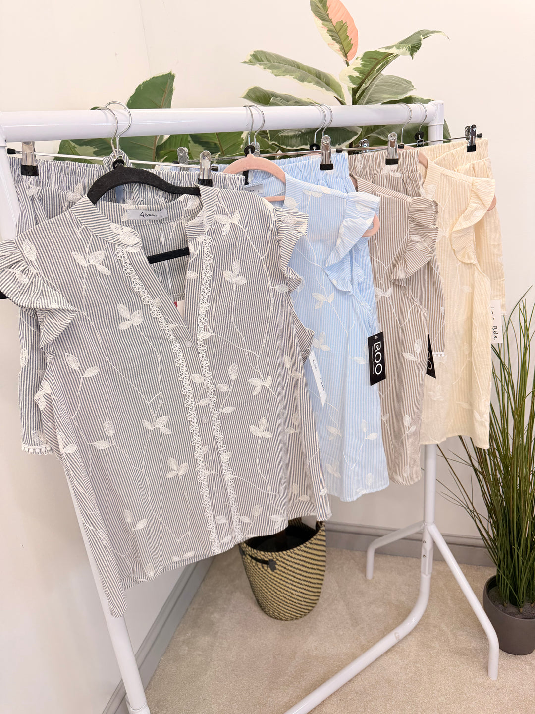 Ladies Fashion Pinstripe Shorts Co Ord Set - Navy, Pale Blue, Beige & Mocha