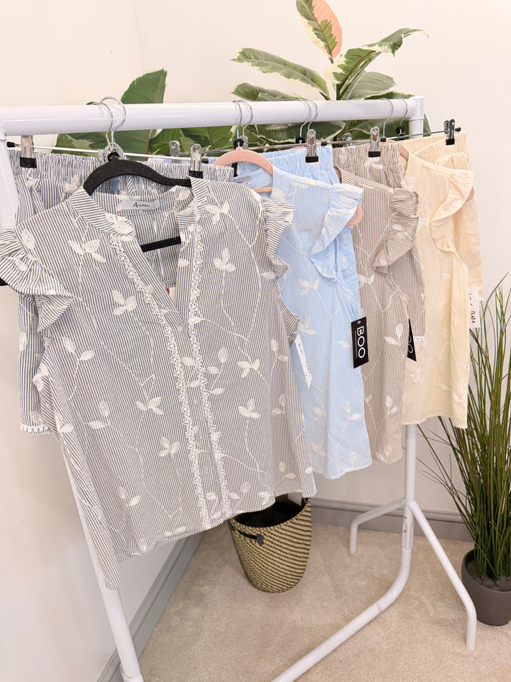 Ladies Fashion Pinstripe Shorts Co Ord Set - Navy, Pale Blue, Beige & Mocha