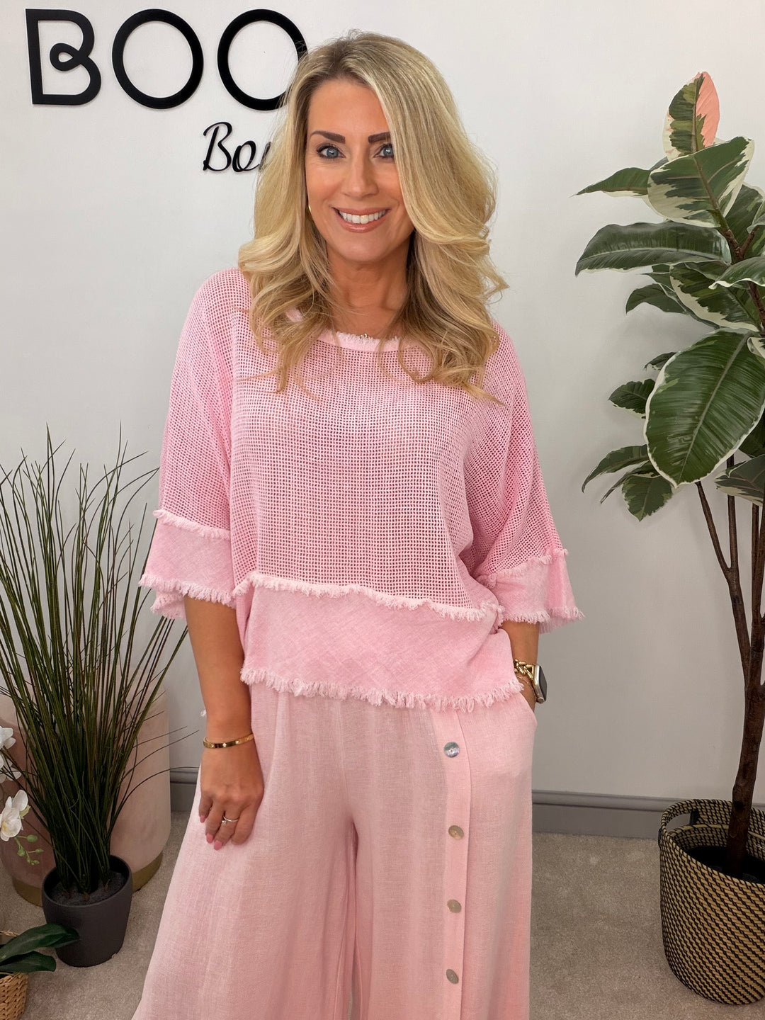 Ladies Tea Bag Linen Top candy pink