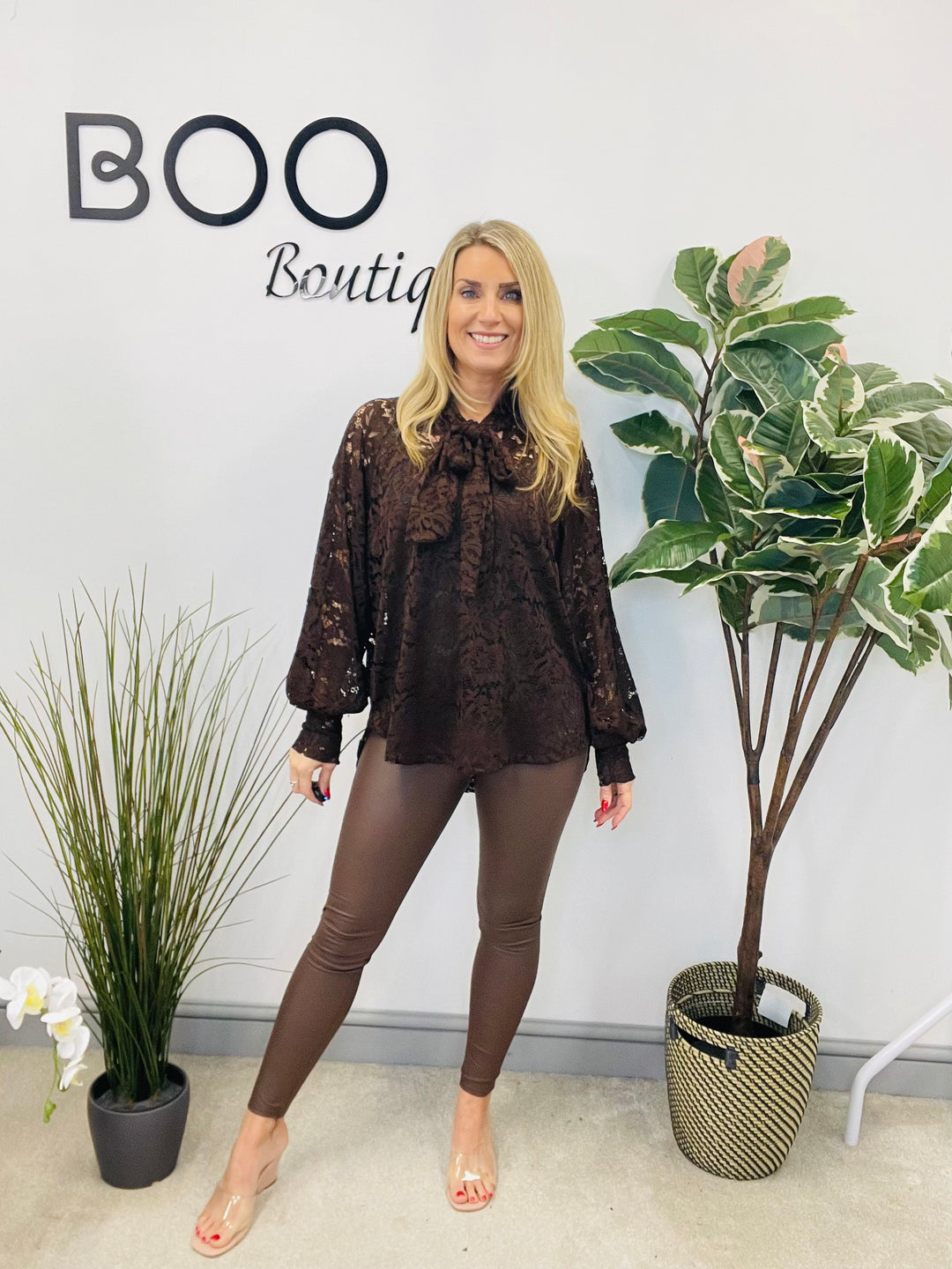 LADIES SHEER LACE BLOUSE SHIRT - WHITE, BLACK, BROWN & BERRY