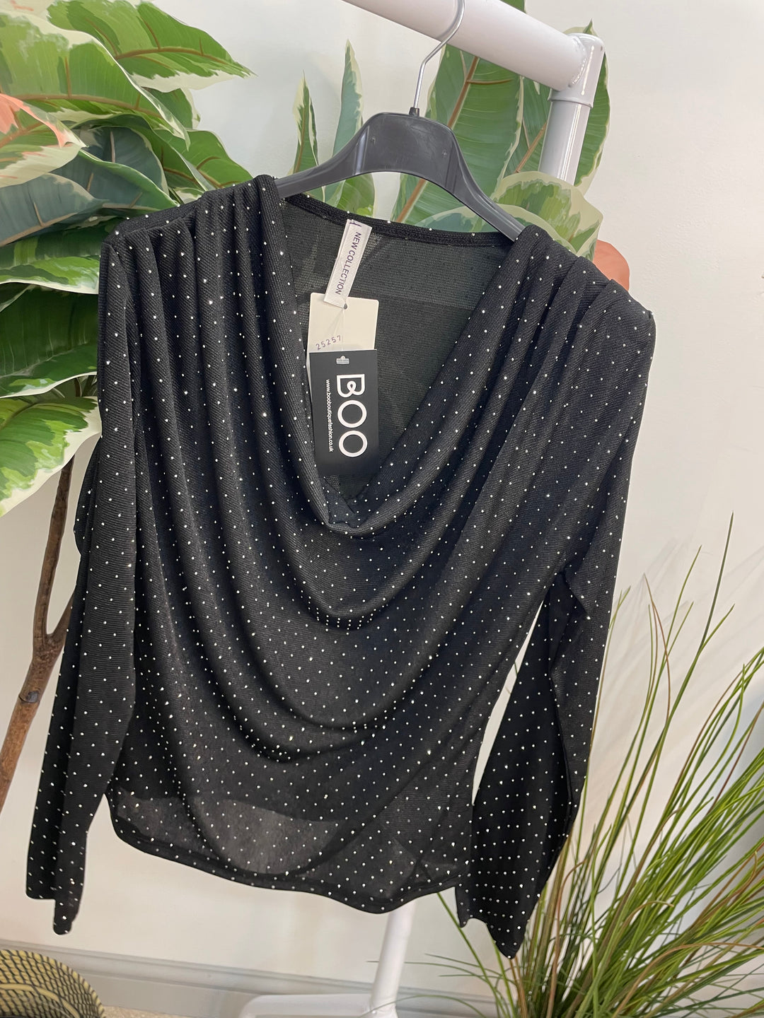 LADIES SPARKLY FESTIVE COWL NECK TOP - GREEN, NAVY, BLACK, BROWN