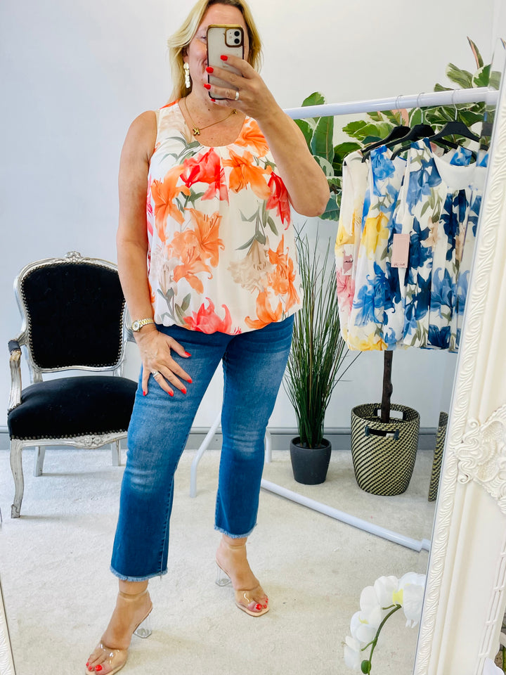 LADIES CHIFFON FLORAL PRINT TOP - PINK, ORANGE, NAVY, BLUE