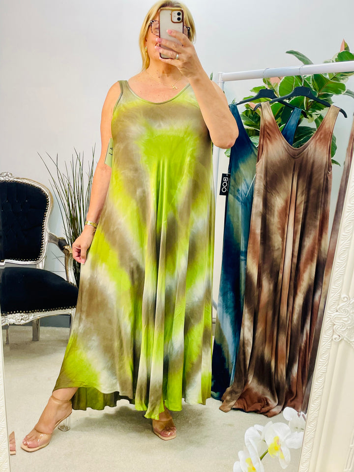 LADIES STUNNING TIE DYE SUMMER MAXI DRESS - NAVY, LIME & BROWN