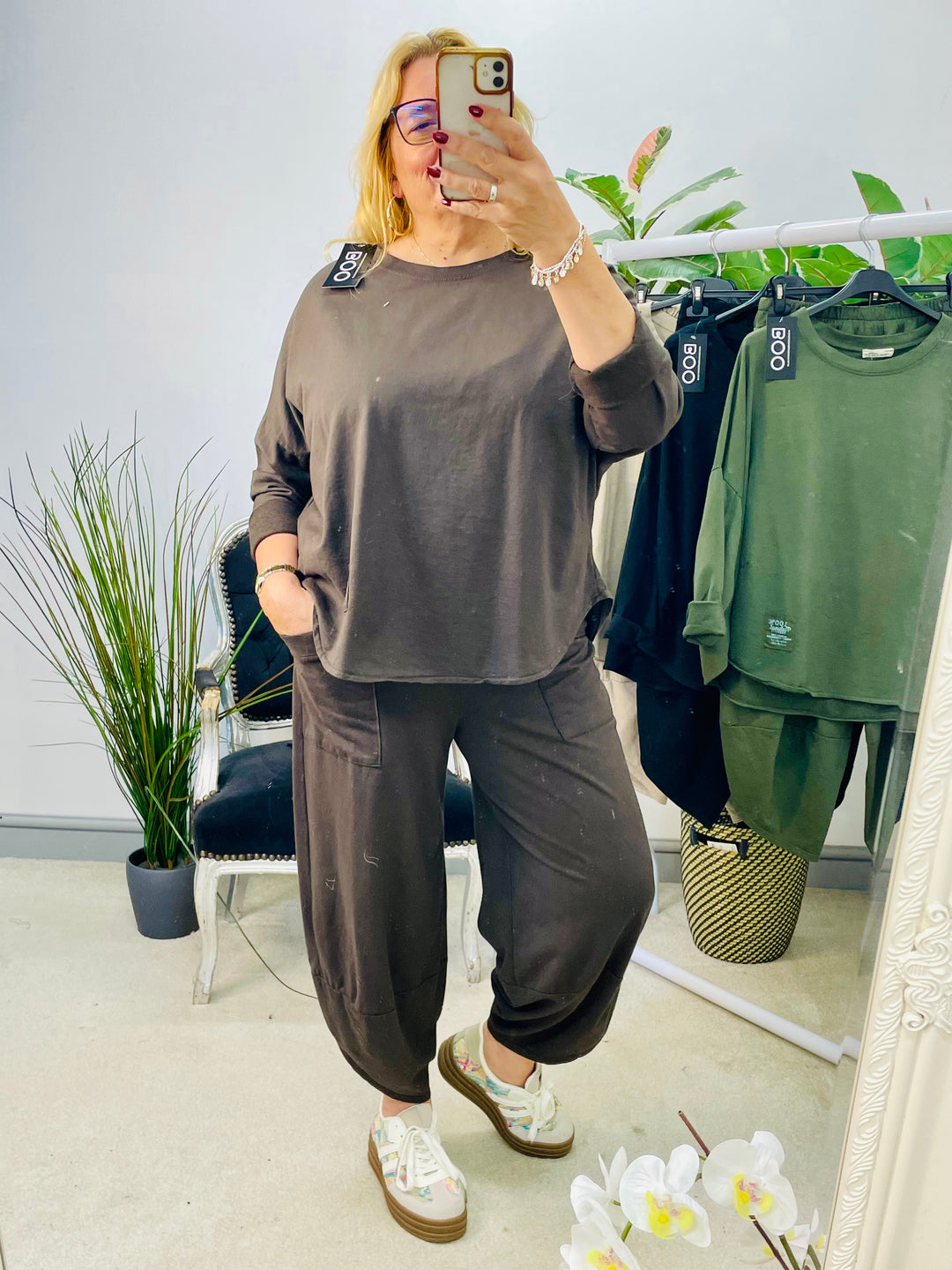 LADIES HAREM TROUSER CO ORD SET - BLACK, KHAKI, MOCHA & BROWN