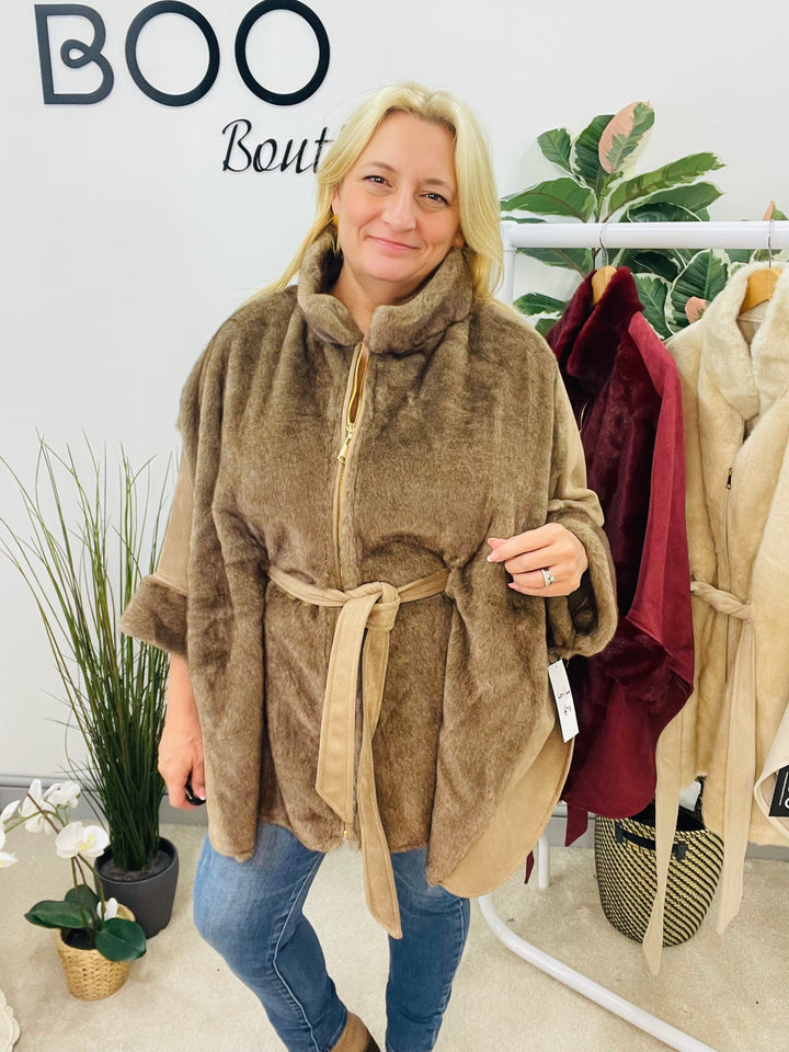 LADIES LUXURY FAUX FUR CAPE - BEIGE, BURGUNDY, MOCHA