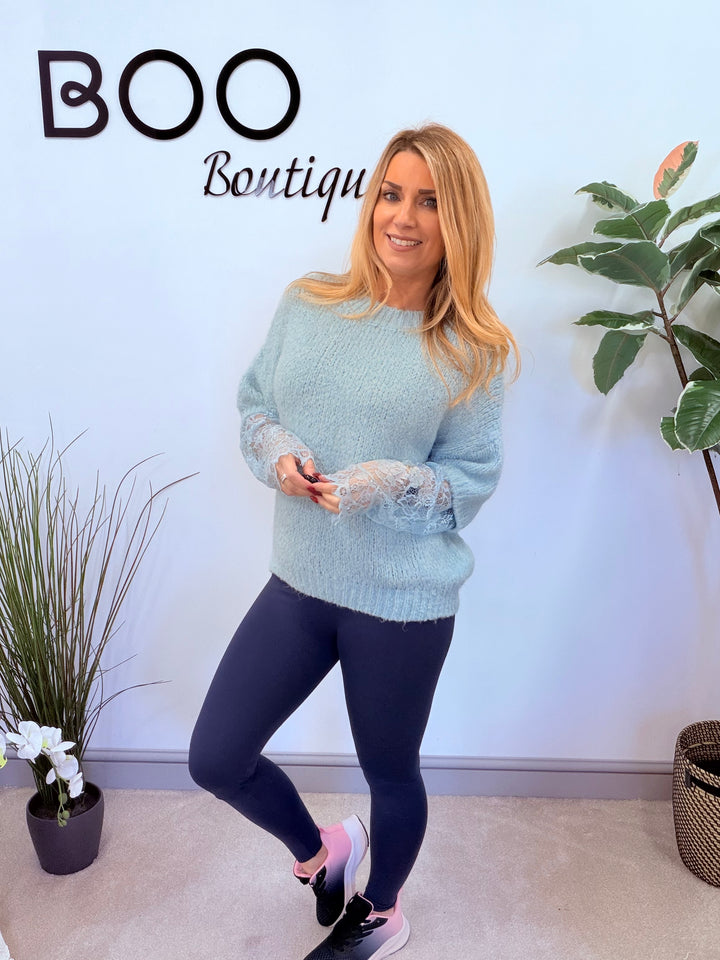 LADIES FASHION CHUNKY KNIT LACE SLEEVE JUMPER - PINK, BLUE, BEIGE, BLACK & BROWN