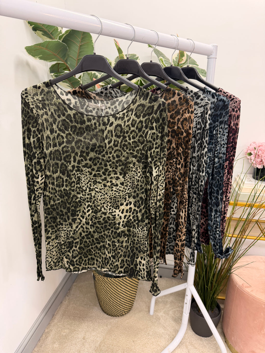 Womens sheer animal print sheer long sleeve top - brown, navy, khaki, plum, grey