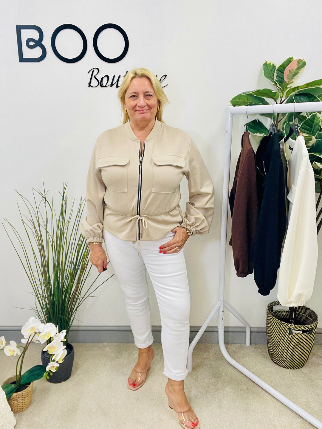 LADIES FASHION BOMBER JACKET - WHITE, BLACK, BEIGE, BROWN