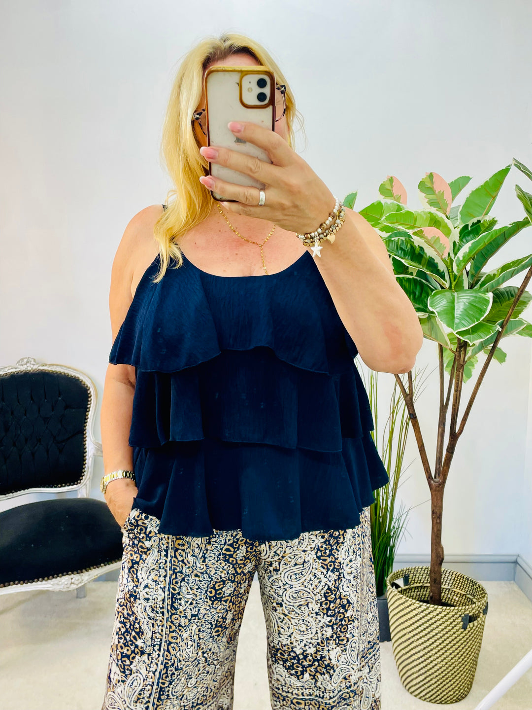 LADIES FRILL CAMI SUMMER TOP - WHITE, PALE BLUE, BROWN, NAVY & BEIGE