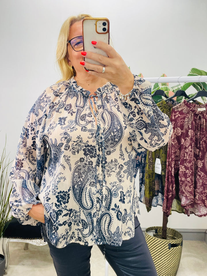 Ladies cream and navy chiffon top 