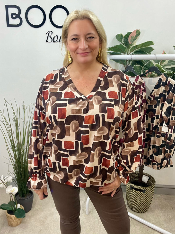 LADIES RETRO PRINT TOP BLOUSE - BLACK, BROWN, BURGUNDY
