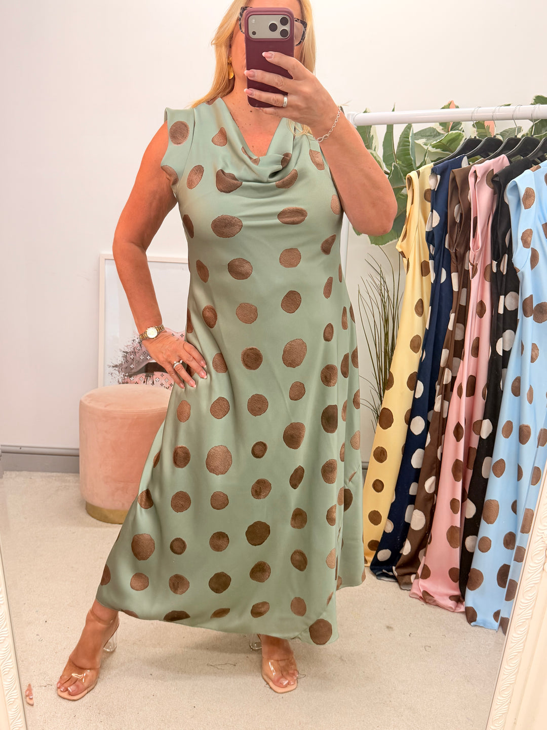 Ladies Satin Polka Dot Sheath Dress - Lemon, Black, Pink, Khaki, Navy, Black & Blue
