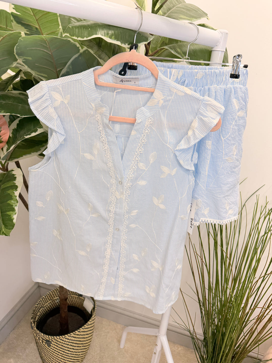 Ladies Fashion Pinstripe Shorts Co Ord Set - Navy, Pale Blue, Beige & Mocha