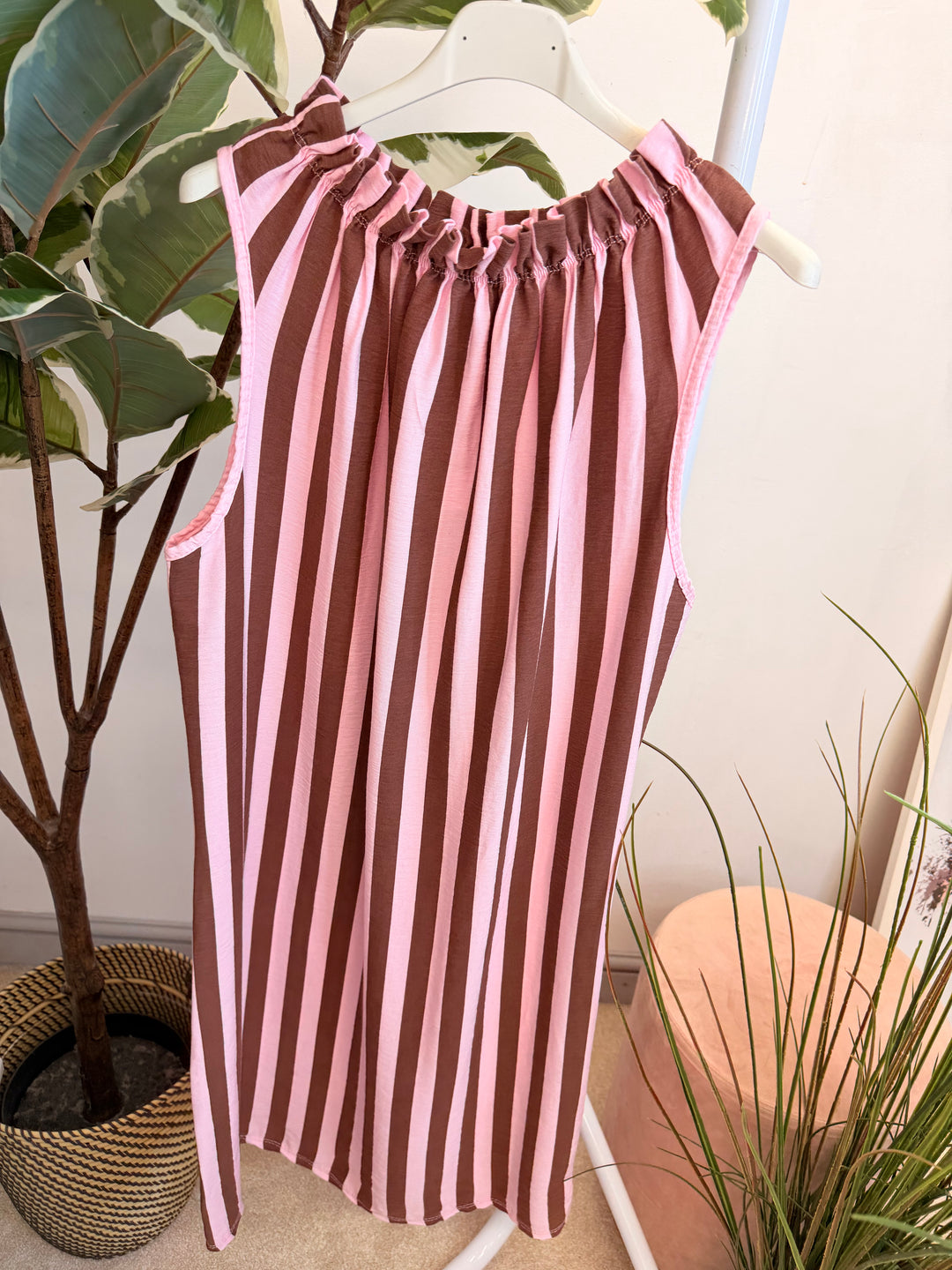 Ladies Candy Stripe High Neck Summer Sun Dress - Brown, Blue, Mint & Pink