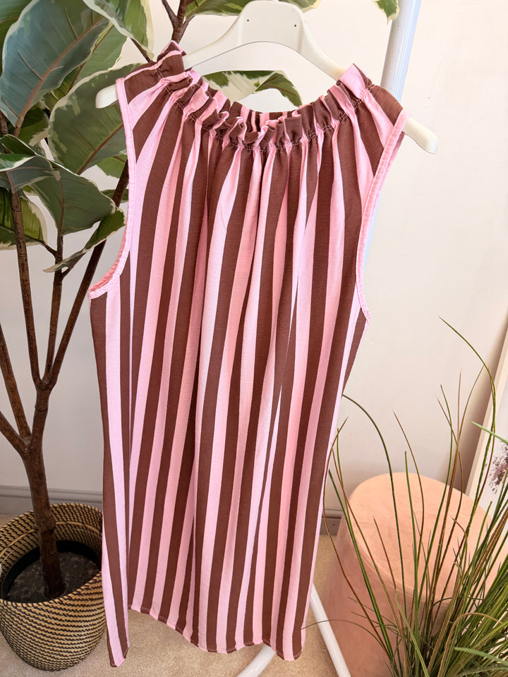 Ladies Candy Stripe High Neck Summer Sun Dress - Brown, Blue, Mint & Pink