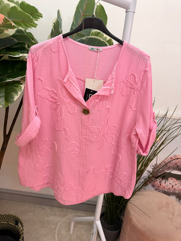 Ladies Fashion Cheesecloth Grandad Top - lemon, white, pink, navy