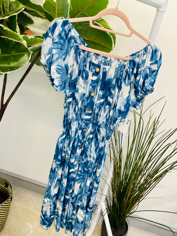 LADIES SUMMER MIDI BARDOT DRESS - PINK, BLUE, GREEN & KHAKI
